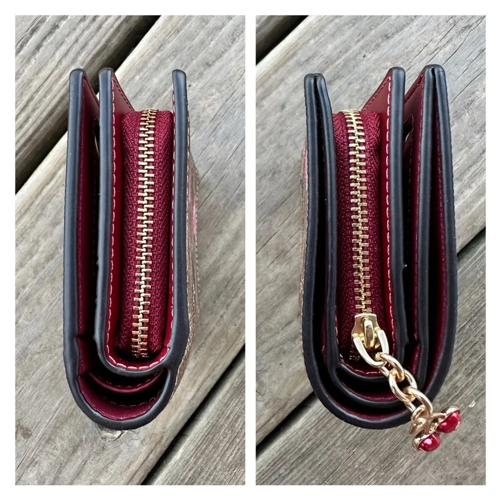 Coach Snap Wallet In Signature Canvas With Cherry Print In Tan Multi Zip Fold
